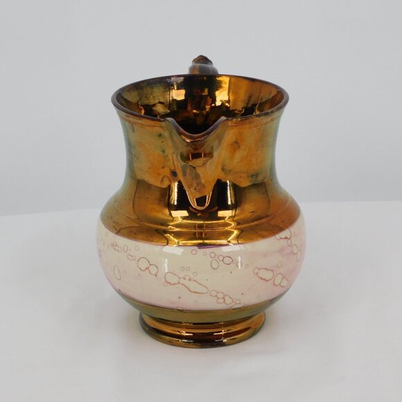 Copper Lusterware Pitcher Antique Staffordshire 5 1/4" Single Pink Band FLAW - Picture 2 of 9